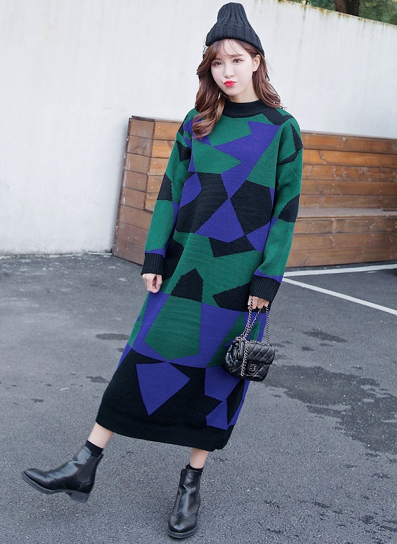 TWICE Momo Inspired Green Geometric Patterned Sweater Dress