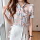 Floral Bow Tie Chiffon Puff Short Sleeve Top