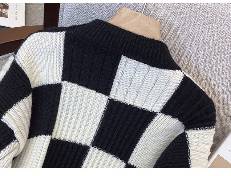 Enhyphen Jungwon Inspired Retro Checkerboard Round Neck Sweater
