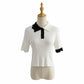 aespa Karina Inspired White Contrast Color Scallop Knitted Polo Shirt