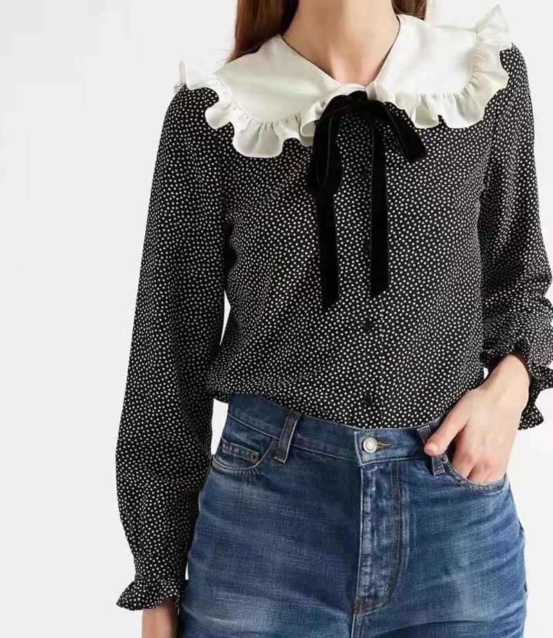 Blackpink Rose Inspired Sweet Lace Collar Polka Dot Silk Shirt