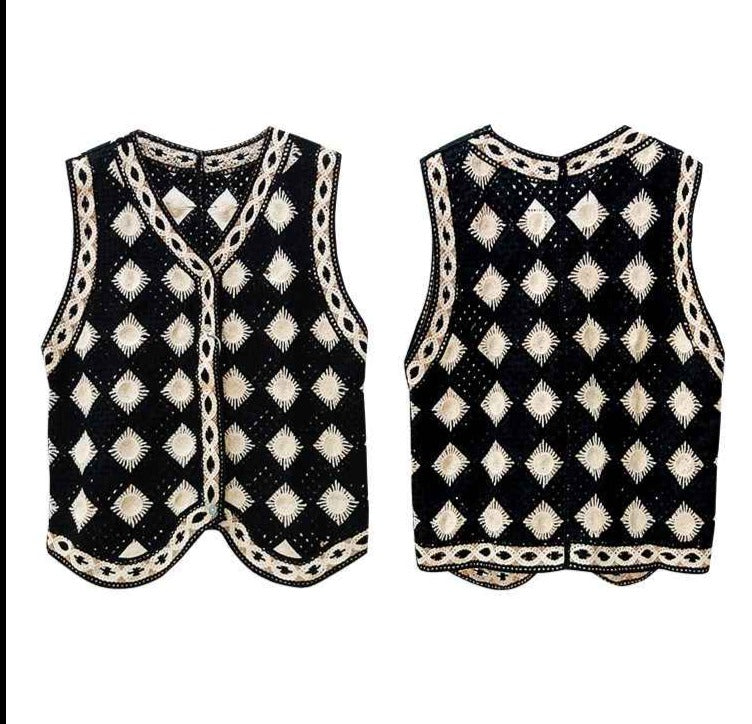 G-IDLE Minnie Inspired Black Ethnic Patterned Crochet Vest
