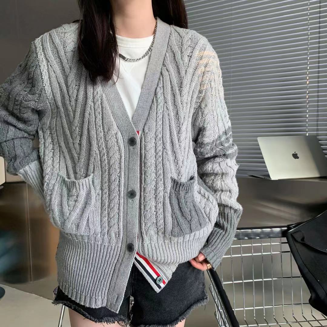 BTS Taehyung Inspired Four-Bar Striped V-Neck Twisted Knitted Cardigan