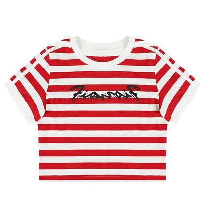 Blackpink Lisa Inspired Red Striped Short-Sleeved Crop Top
