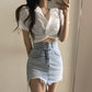 White Short Sleeve Knotted Crop Shirt