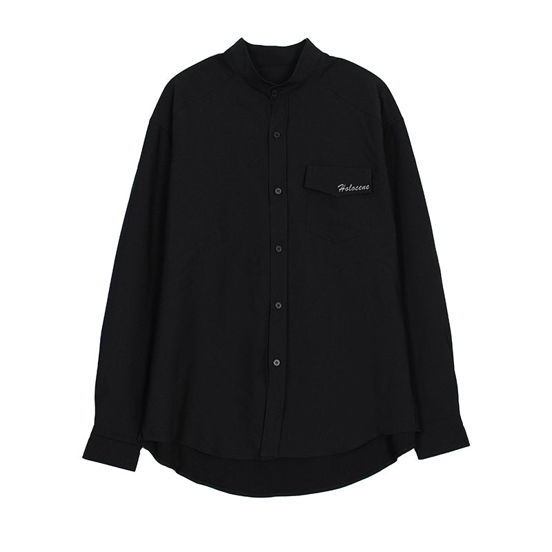 Black Stand Collar Shirt With Pocket