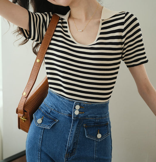 Striped Knitted Short Sleeves Top