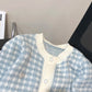 Jeon Somi Inspired Blue Houndstooth Plaid Round Neck Sweater