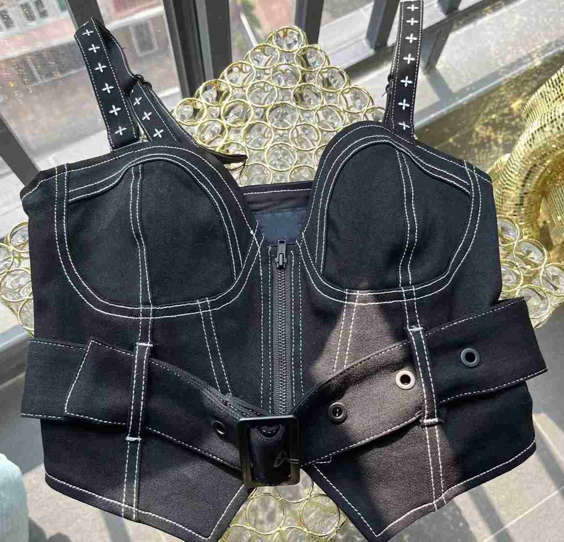 G-IDLE Yuqi Inspired Black Denim Bustier Belted Crop Top