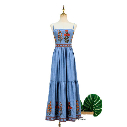 Blackpink Rose Inspired Blue Embroidered Flowers Long Strap Dress