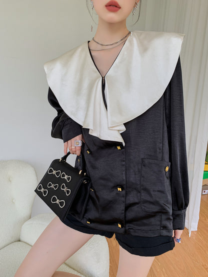 Itzy Lia Inspired Black French Loose Collared Blouse