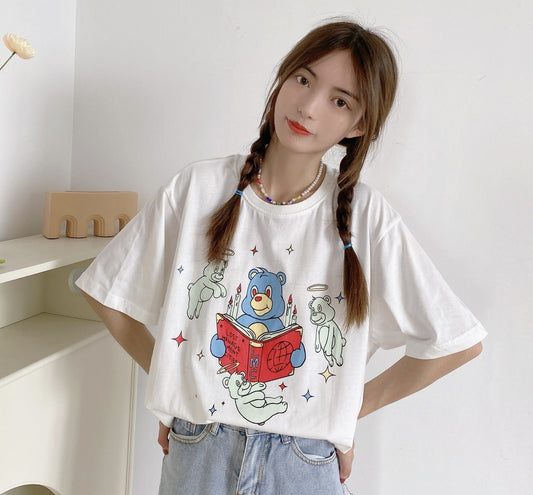 Enhyphen Heeseung Inspired White Loose T-Shirt With Bear Print
