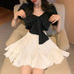 Black Puff Sleeve with Front Bow Cropped Blouse