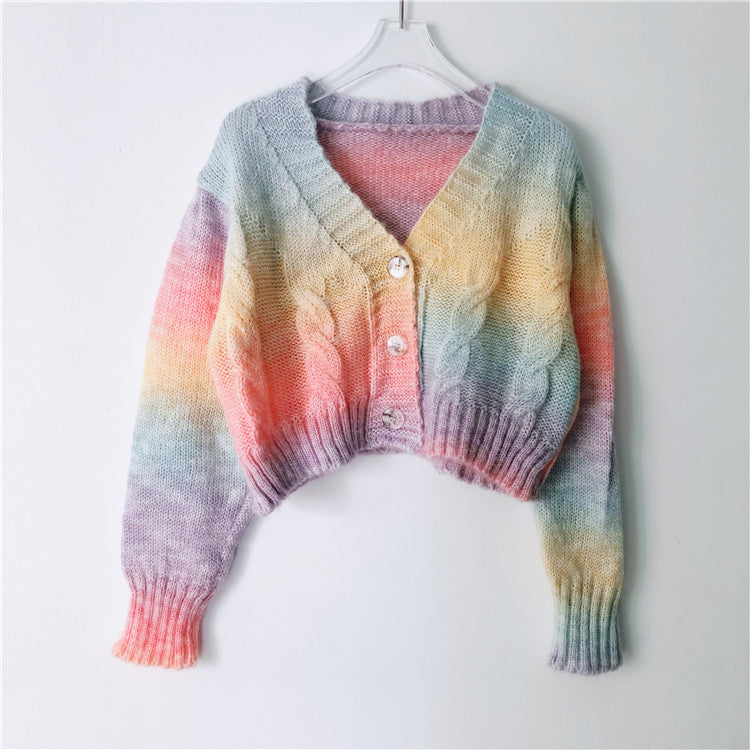 Blackpink Jisoo Inspired Rainbow Tie-Dye Cropped Knit Cardigan