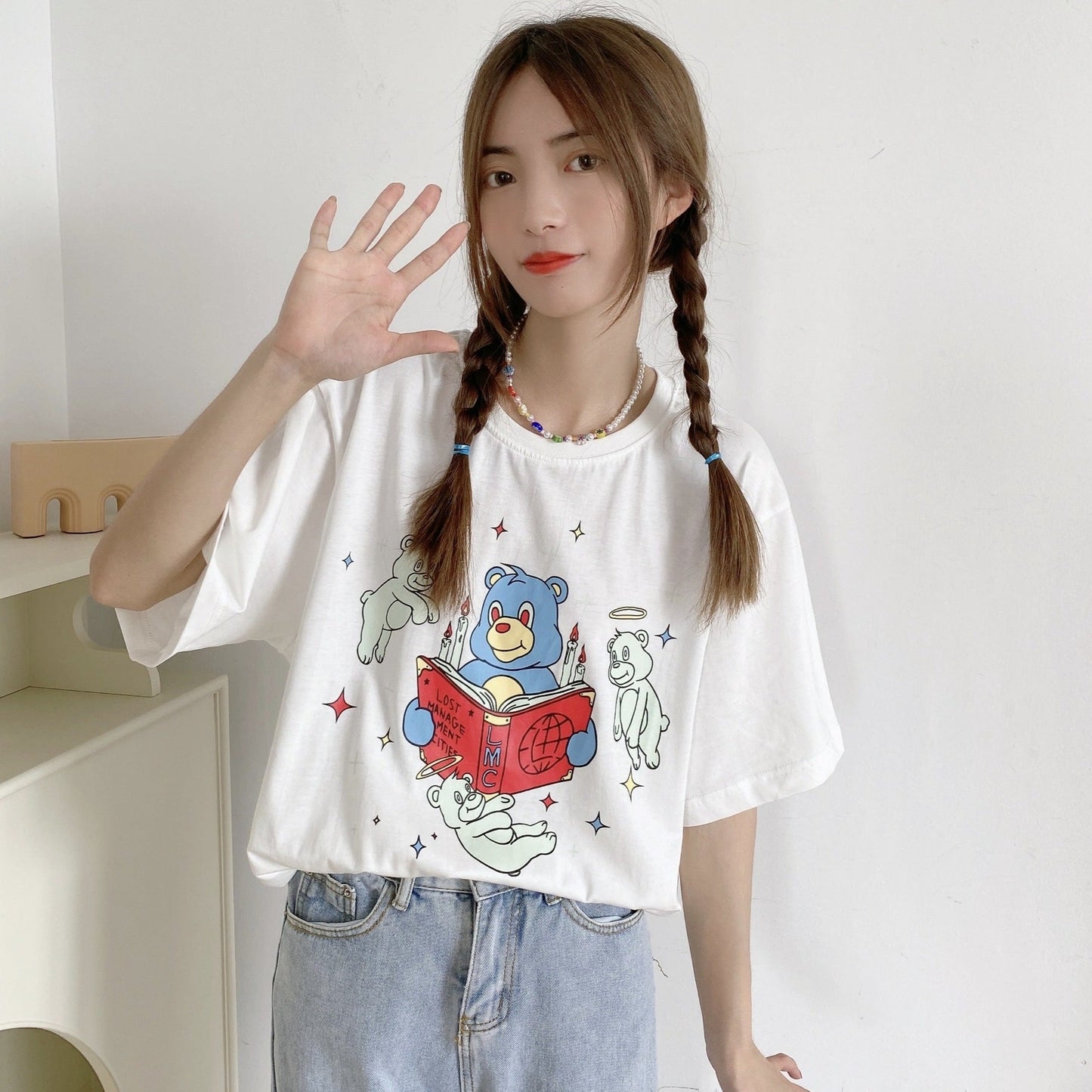 Enhyphen Heeseung Inspired White Loose T-Shirt With Bear Print