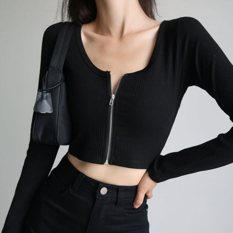 IVE Gaeul Inspired Black Long-Sleeve With High-Waisted Short Zipper