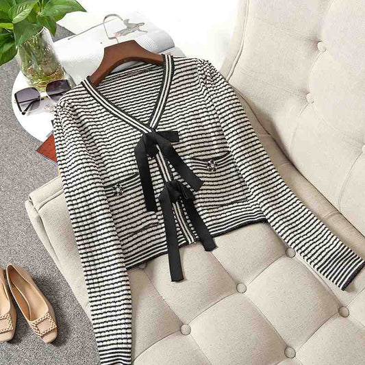 Blackpink Rose Inspired Striped V-Neck Slim Suit And Knitted A-line Skirt