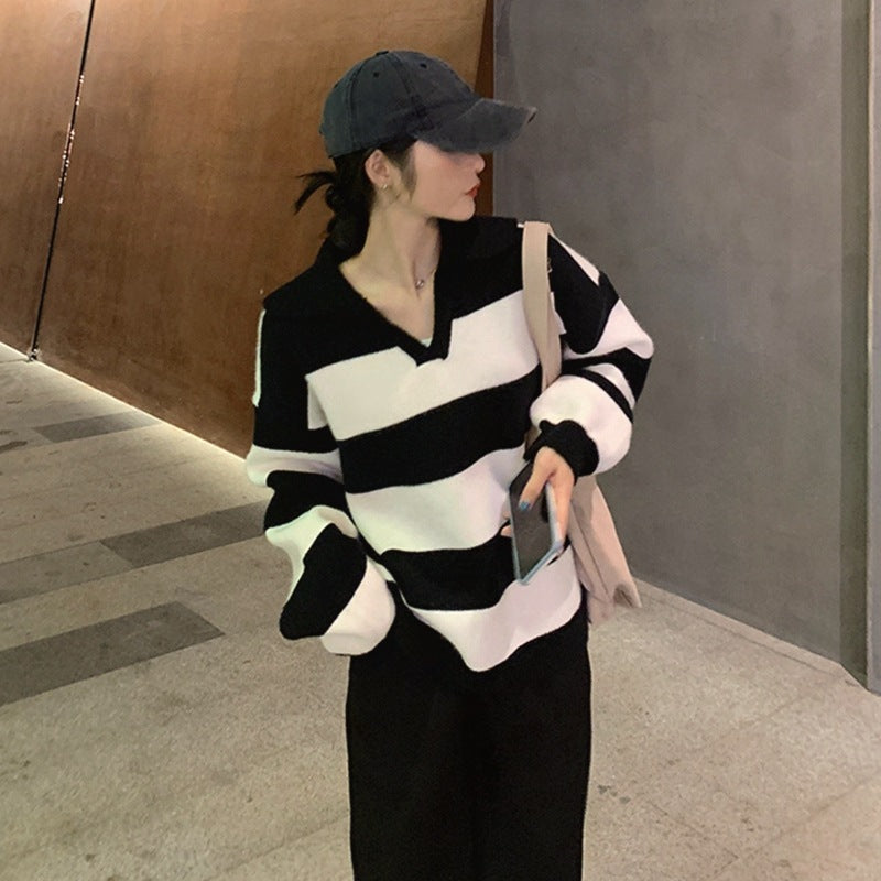 Enhyphen Sunghoon Inspired Polo Collar Striped Loose Sweater
