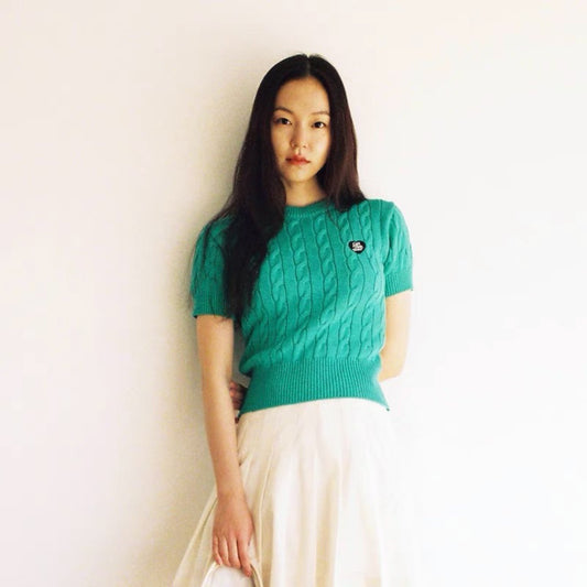 IVE Gaeul Inspired Green Short-Sleeved Sweater With Embroider