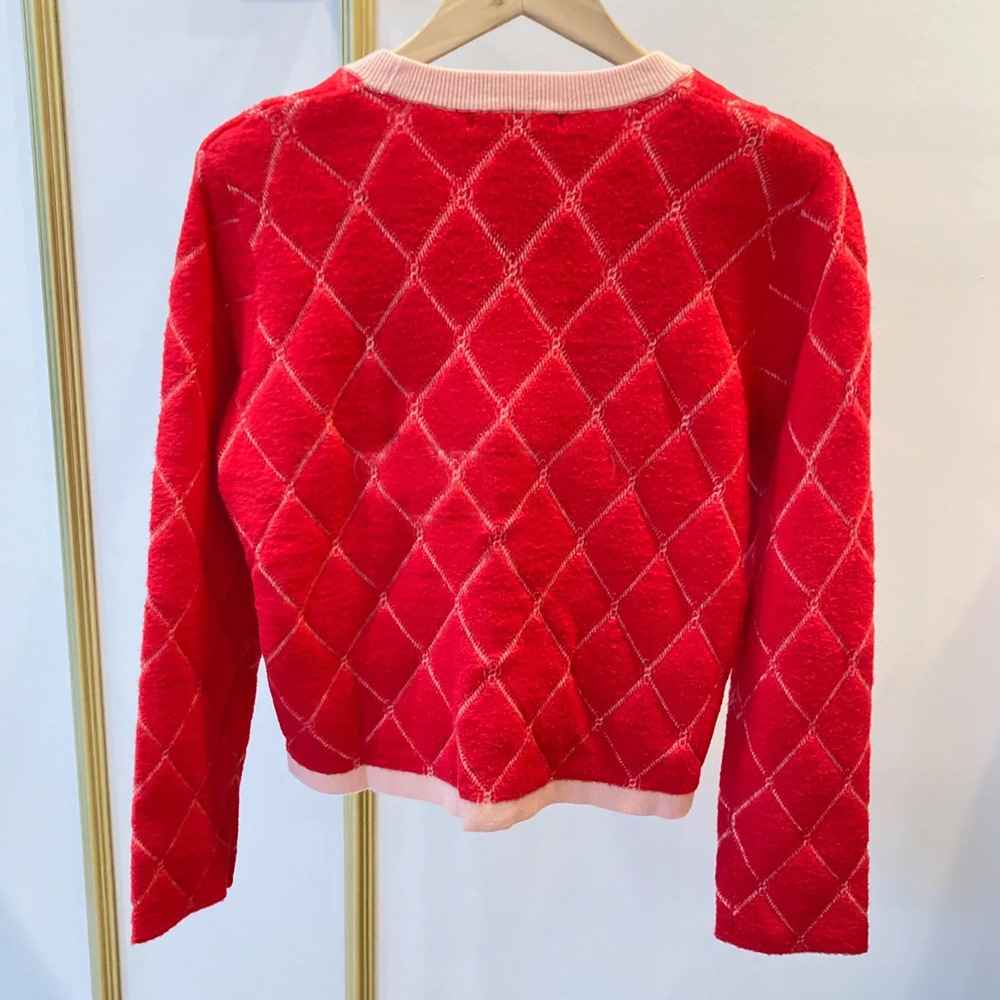 IVE Leeseo Inspired  Red Plaid Jacquard Rhinestone Knit Jacket