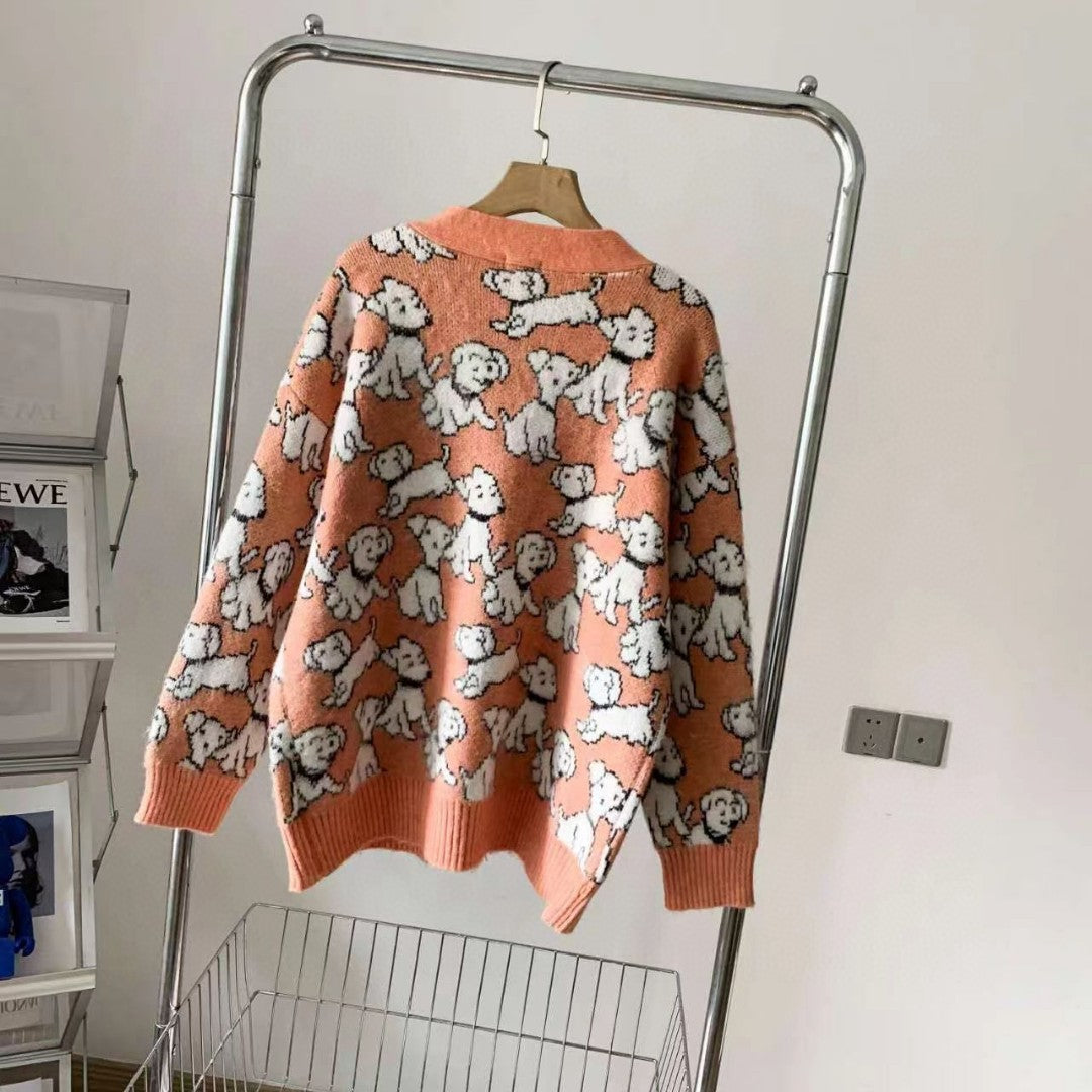BTS Taehyung Inspired Loose Long-Sleeved With Print Puppy Cardigan