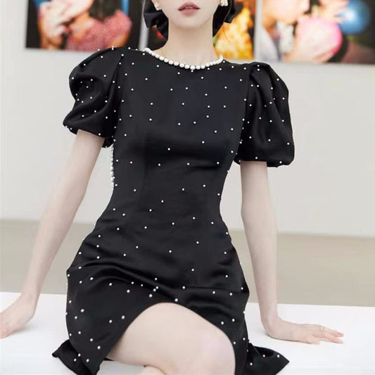 IVE Leeseo Inspired Black Puff Sleeve With Diamond-Studded
