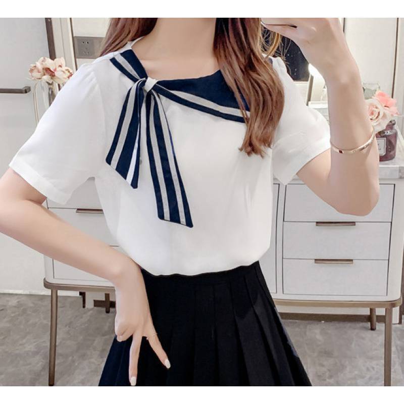White Short-Sleeve Asymmetrical Sailor-Collar Blouse – unnielooks