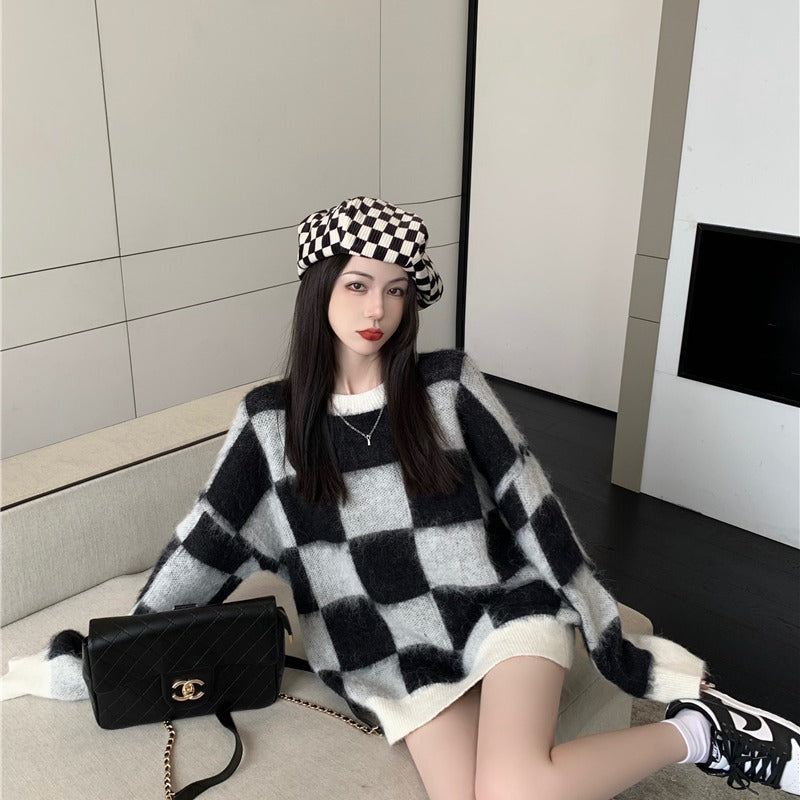 TXT Yeonjun Inspired Checkerboard Knitted Loose Sweater