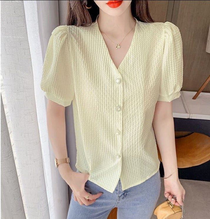 V Neck Puff Sleeve Blouse With Buttons