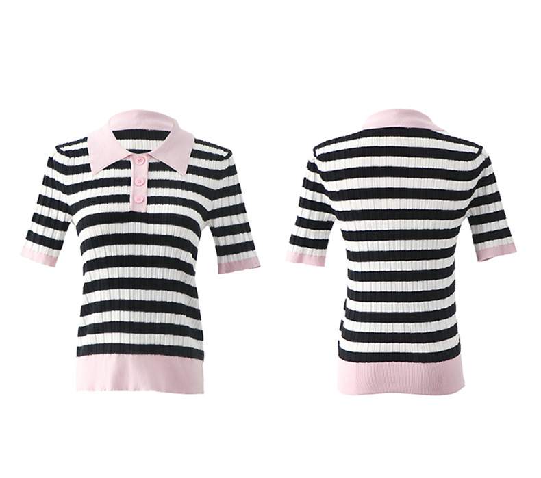 SNSD Yoona Inspired Knitted Sweater Striped Collar Top Short Sleeve
