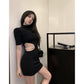 ChungHa Inspired Black Fitted Short-Sleeve With Cut-Out Waist Dress