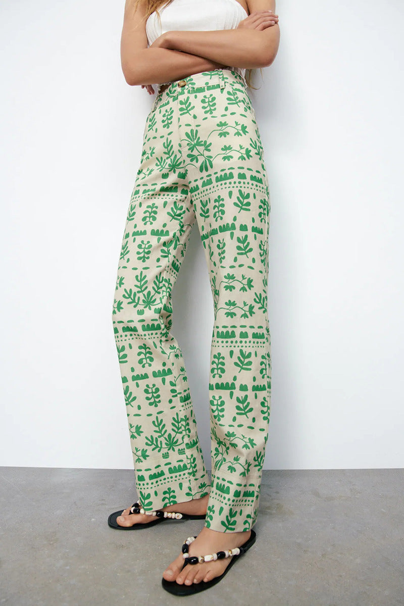 Jeon Somi Inspired Green High Waist Slim Casual Linen Trousers