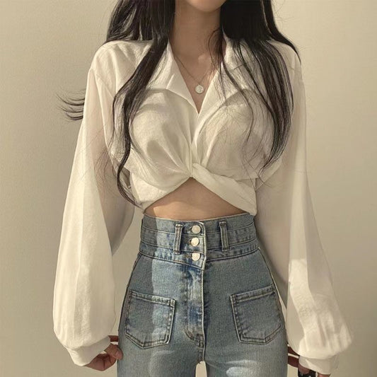 White Long Sleeve Twist Front Cropped Blouse