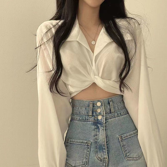 White Long Sleeve Twist Front Cropped Blouse