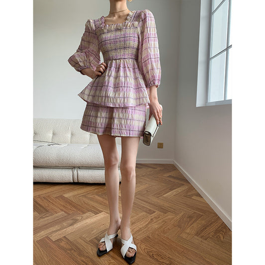 aespa Giselle Inspired Purple Grid Square Neck Suit