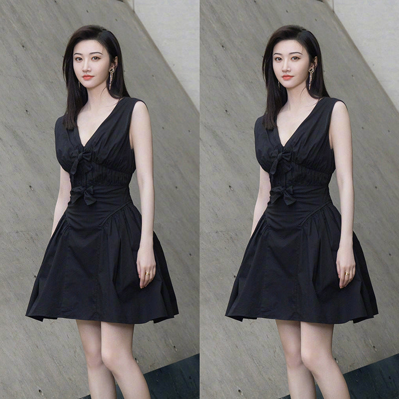 Blackpink Jisoo Inspired V-Neck Sleeveless Bow A-line Little Black Dress