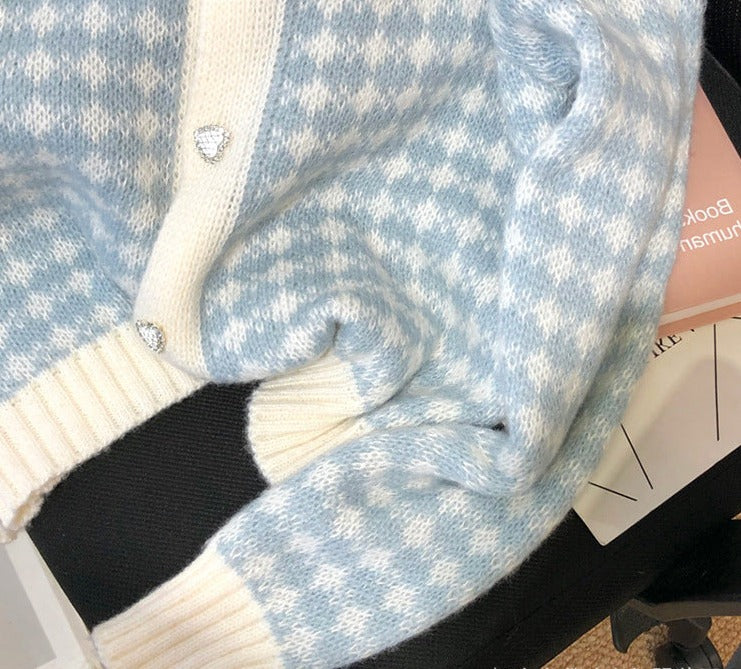 Jeon Somi Inspired Blue Houndstooth Plaid Round Neck Sweater
