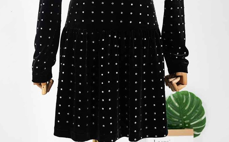 SNSD Tiffany Inspired Black Velvet Diamond Square Neck Long Sleeve Dress