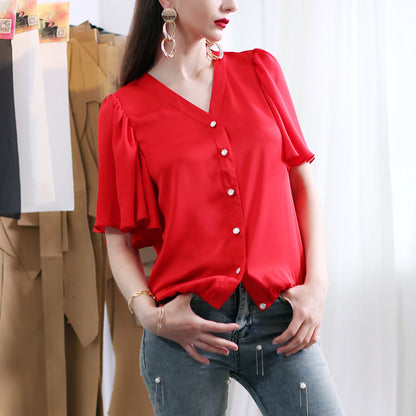 Blackpink Jisoo Inspired Red Short-Sleeved Chiffon Shirt Top