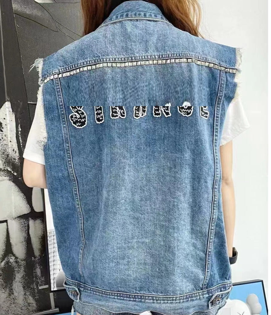 Enhyphen Sunghoon Inspired Pocket Rivet Raw Edge Blue Denim Vest
