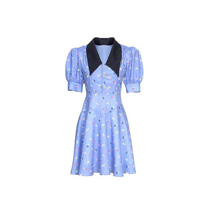 Blackpink Jennie Inspired Puff Short-Sleeved Blue Floral Dress