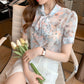 Floral Bow Tie Chiffon Puff Short Sleeve Top