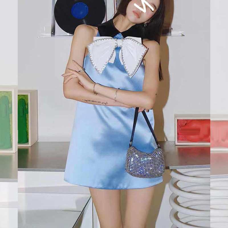 Itzy Yeji Inspired Blue Satin Dress With Doll Collar And Bow