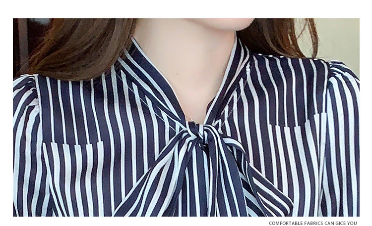 Enhyphen Jungwon Inspired Bow Fluttering Collar Striped Women's Long-Sleeved
