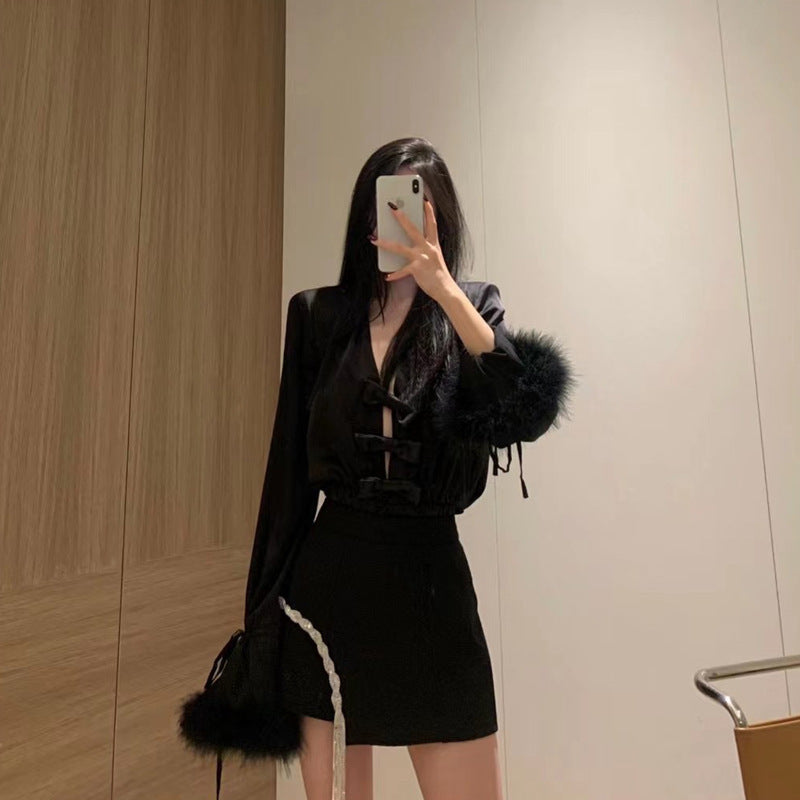Blackpink Rose Inspired Sexy Bow Button Black Mini Dress
