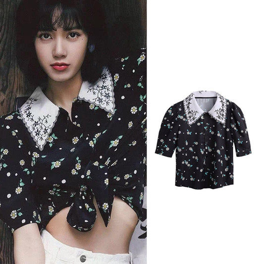 Blackpink Lisa Inspired Embroidered Lapel Puff Short-Sleeved