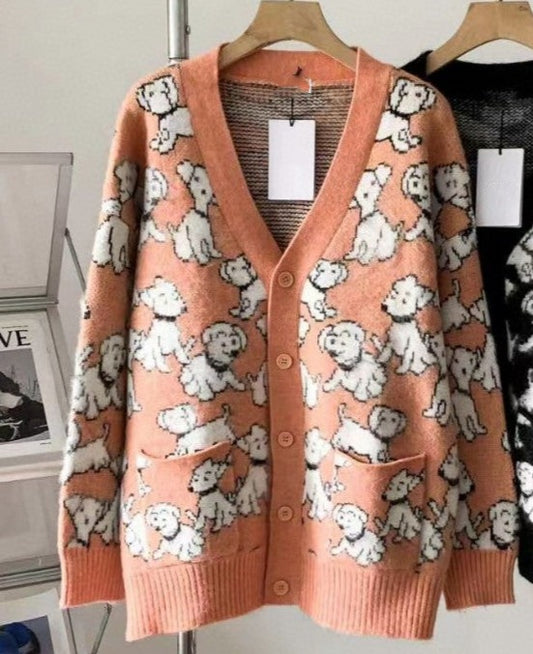 BTS Taehyung Inspired Loose Long-Sleeved With Print Puppy Cardigan