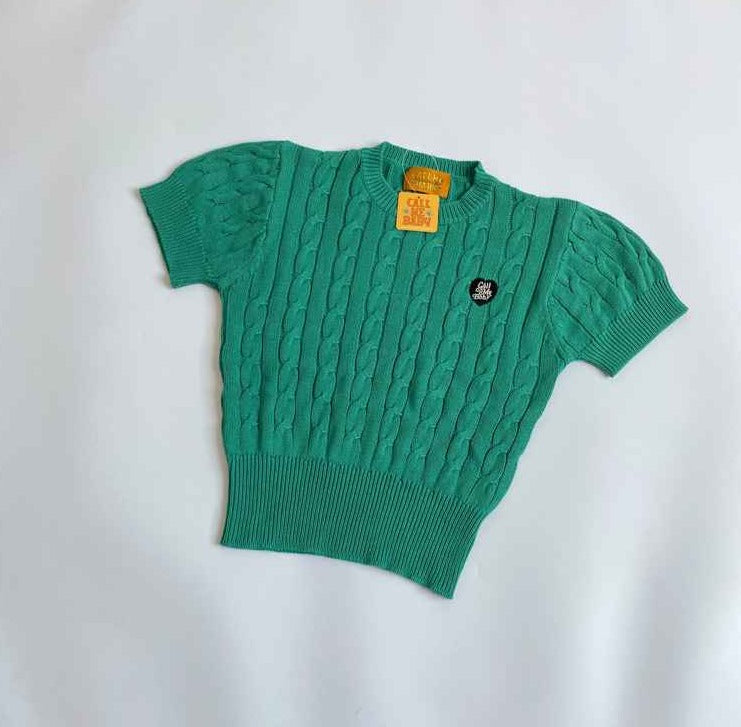 IVE Gaeul Inspired Green Short-Sleeved Sweater With Embroider