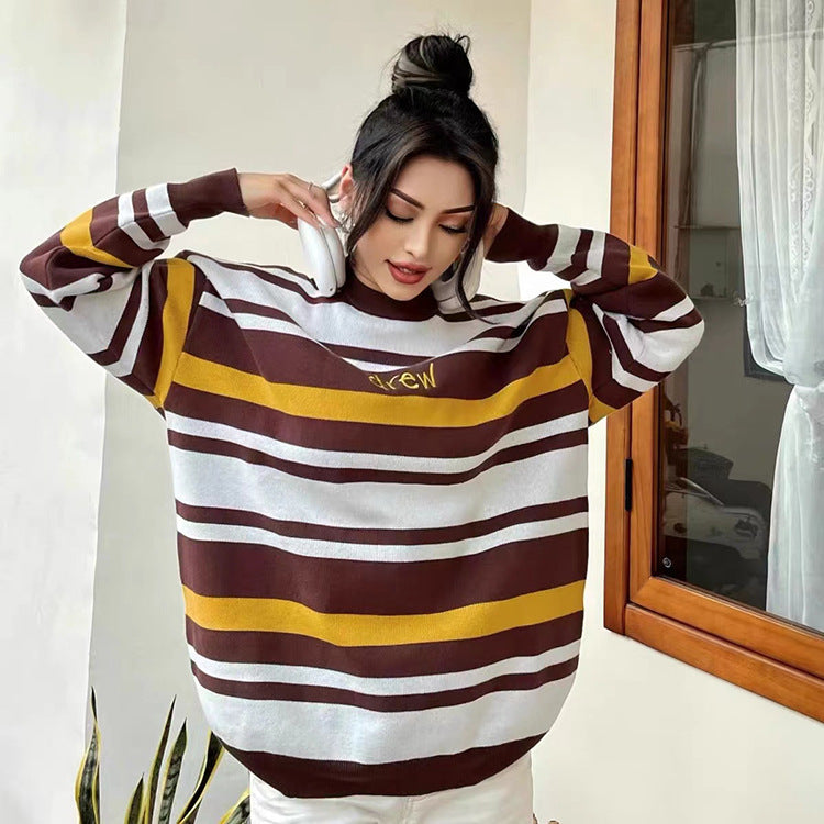 Enhyphen Heeseung Inspired Embroidery Round Neck Striped Sweater