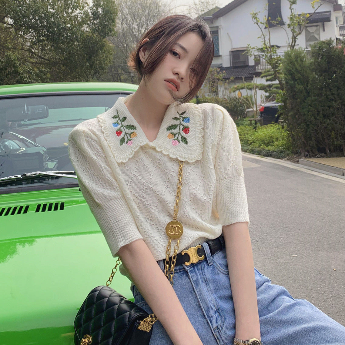 Itzy Chaeryeong Inspired Embroidered Collar Short Sleeved Cardigan